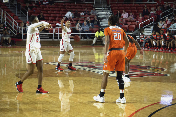 LU senior, Chastadie Barrs, leads her team in a play during the Lady Cardinals, 81-76, win over Sam Houston State, Saturday, in the Montagne Center. With the win the Lady Cards secure their 39th win in a row at home. UP photo by Cade Smith